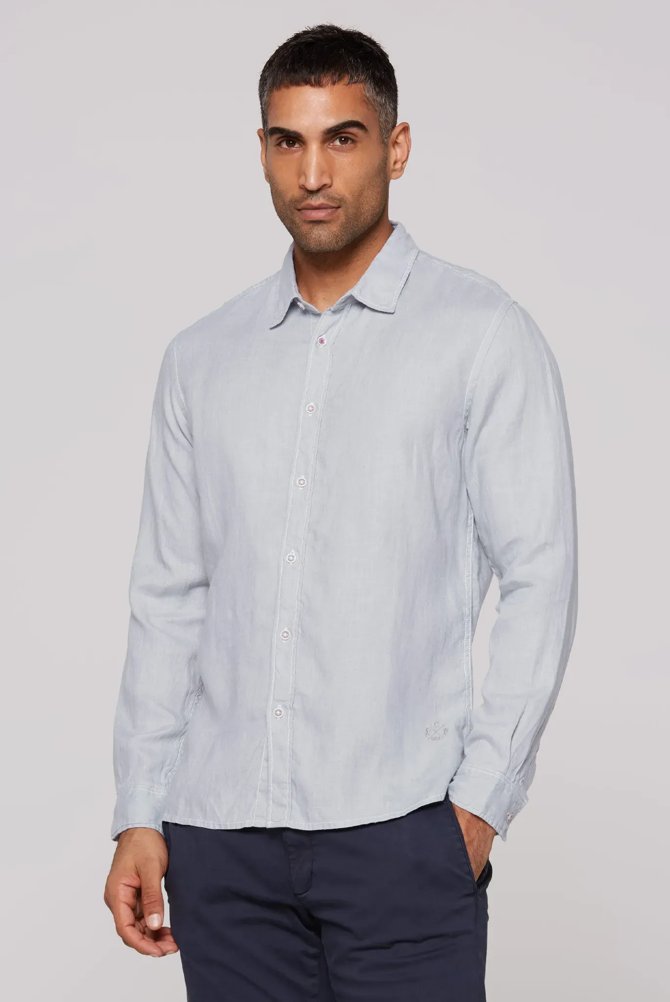 Langarmhemd CMPD, Herren, Gr. XL, Normalgrößen, smokey mint, Web, Material: 100% Leinen, bestickt, figurbetont normal, 1-Knopf-Manschette, Hemden, aus Leinen