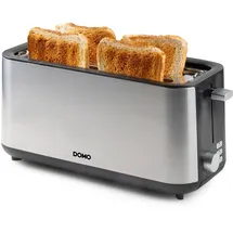 Domo DO967T Toaster Langschlitz - für 4 Toasts - mit eingebautem Brötchenaufsatz - Edelstahl - 1350 W, Silber/Schwarz