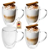 Intirilife 4x Doppelwandige Thermo Gläser Set in 300 - 400ml – Thermoglas Thermogläser Mundgeblasen isoliert für Espresso Cappuccino, Teegläser Kaffeegläser Latte Macchiato Tassen, Schwebeeffekt mit Henkel