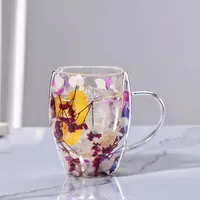 LeKuni Latte Macchiato Gläser Mit Trockenblumen, 350ml Doppelwandige Gläser, Espressotassen Thermogläser Doppelwandig Cappuccino Tassen, Für Tee,EIS,Eistee,Iced Americano,Milch,Saft(lila)