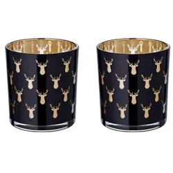 EDZARD 2er-Set Teelichtglas Rosy (Höhe 8 cm), schwarz, Hirsch-Motiv