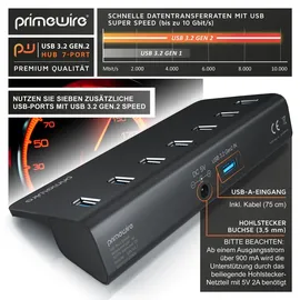 Primewire USB 3.2 Gen2 Hub, 7 Port Aktiver Verteiler mit Netzteil, 10 Gbit/s - Schwarz