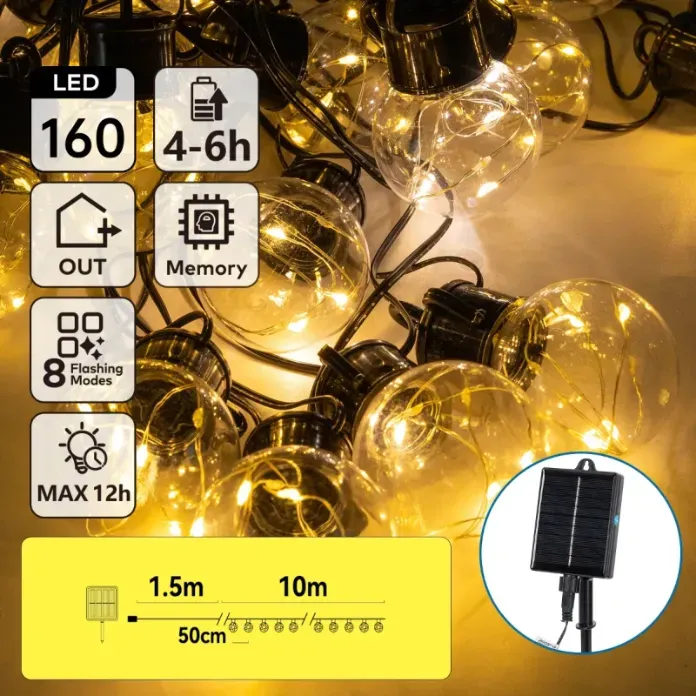 Aigostar Lichterkette/Solar/G50 Kupferdrahtlichter/1.5M+10M/160LED/50CM Abstand/8 Funktionen/IP65