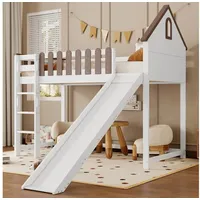 OKWISH Kinderbett Jugendbett mit Dach, Fenster und Rutsche 90x200 cm (Hochbett mit Rutsche & Hausdach, 90x200 cm, Kinderbett mit Fenster, Sicherer Aufstieg & Spielspaß., Hochbett 90x200cm), ohne Matratze