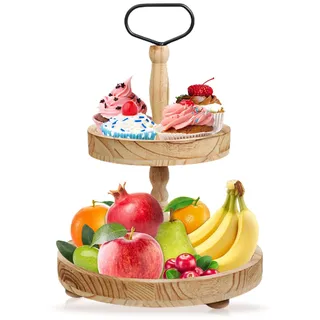 Obst Etagere 2 stöckig, Tortenständer 2 Etagen aus Holz Vintage Stil, Cupcake Ständer, Hochzeitstortenständer, Rustikaler Kuchenständer Rundes Tablett mit Griff für Home Wohnzimmer Küche Tisch