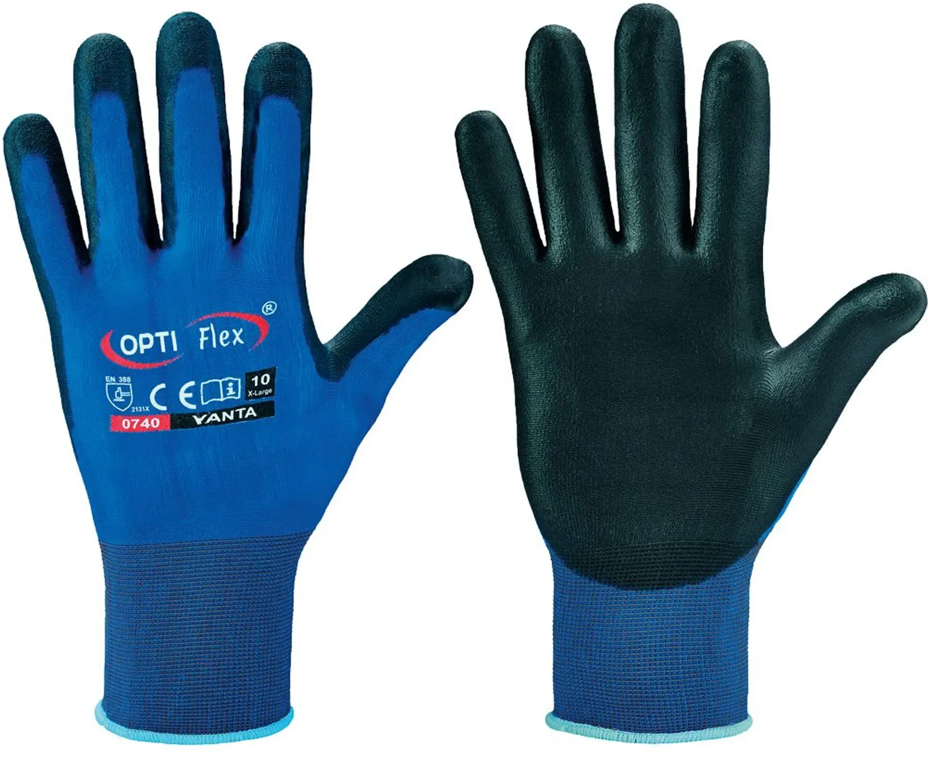 Optiflex Yanta 0740 Feinstrickhandschuhe mit Polyurethan-Beschichtung blau/schwarz, VE 120 Paar 6/XS
