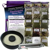 RAUHNÄCHTE Räuchern & Ausräuchern 19-TLG Ritualset 12x Räucherwerk für Jede Rauhnacht mit SAGE + WEIHRAUCH + MYRRHE + KAMPFER UVM. 7X ZUBEHÖR mit RÄUCHERSCHALE & Rauhnacht-Fibel. 81900-17S