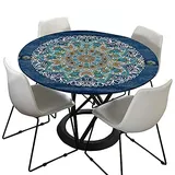Morbuy Rund Tischdecke Elastisch, Mandala Drucken Rund Tischdecken Wasserdicht Lotuseffekt Abwaschbar Abwischbar Tischtuch für Dekoration Küchentisch Garten Outdoor (Durchmesser 90cm,Marine)