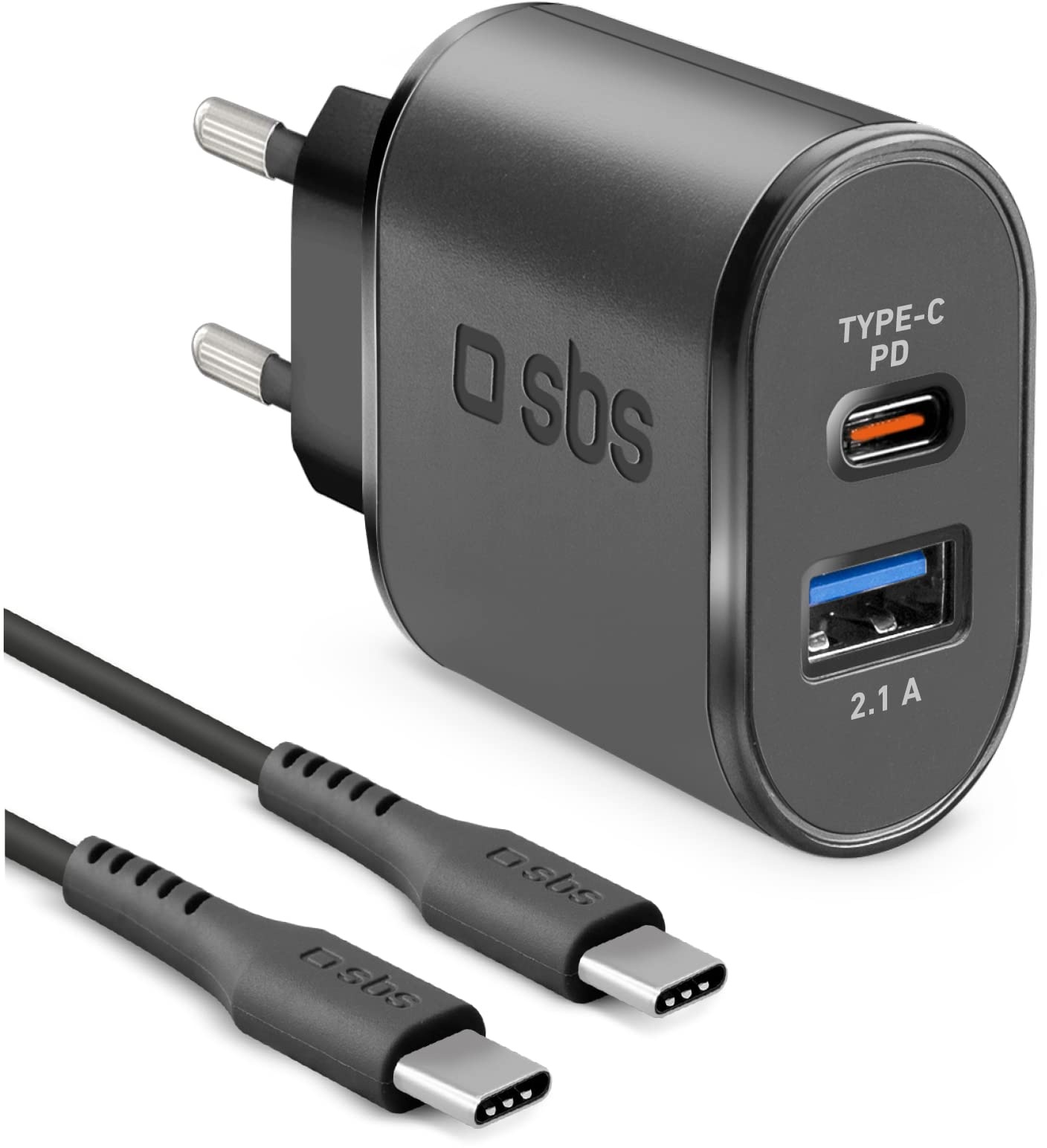 SBS 18W Fast Charge Travel Charger für iPhone, Samsung, Oppo, Xiaomi, Ladekit mit Power Delivery Ladegerät und USB-C auf USB-C Kabel, schwarz