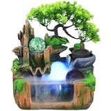 Zimmerbrunnen mit Pflanzen - Zimmerbrunnen Wasserfall mit Pumpe und Beleuchtung Desktop Tischbrunnen Wasserspiel Dekor Aquarium Steingarten für Wohnzimmer, Schlafzimmer, Büro, Café(Landschaft 3)