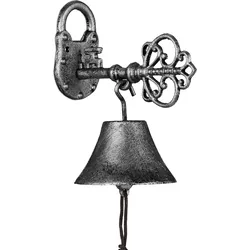 Relaxdays Türglocke Gusseisen, antikes Design, Gartenglocke Schlüssel, mit Kordel, Glocke für draußen, schwarz/silber