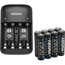 Absina Akku Ladegerät AA AAA & 9V inkl. 8X AA 2900