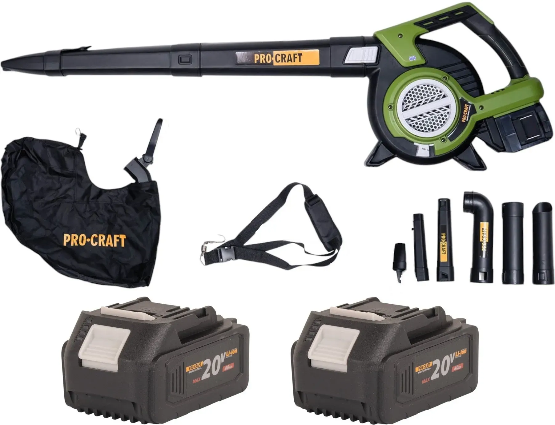 Procraft VB20 Akku Laubbläser und Laubsauger 40 V ( 2x 20 V ) Brushless + 2x Akku 4,0 Ah - ohne Ladegerät