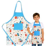 HOUSE ART LIFE Kinderschürze mit Tasche - Baumwoll Kochschürze für Jungen und Mädchen 7-10 Jahre, ideal zum Malen Kochen Backen Spielen, Geschenk für Kinder, Viele bunte Muster - 7-10 Jahre