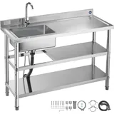 Vevor Spültisch Spülbecken Edelstahl (120 x 50 x 94 cm), Einzelbecken mit Wasserhahn & 2 Ablagefächern, Küchenspüle für Garage Restaurant, Waschtisch Außenspüle mit Arbeitsplatte (recht)