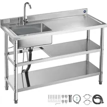 Vevor Spültisch Spülbecken Edelstahl (120 x 50 x 94 cm), Einzelbecken mit Wasserhahn & 2 Ablagefächern, Küchenspüle für Garage Restaurant, Waschtisch Außenspüle mit Arbeitsplatte (recht)