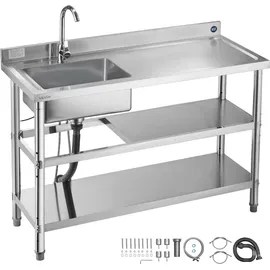 Vevor Spültisch Spülbecken Edelstahl (120 x 50 x 94 cm), Einzelbecken mit Wasserhahn & 2 Ablagefächern, Küchenspüle für Garage Restaurant, Waschtisch Außenspüle mit Arbeitsplatte (recht)