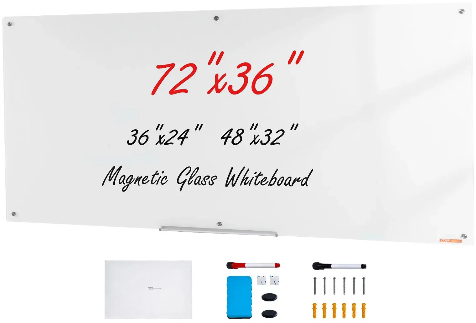 VEVOR Magnetisches Glas-Whiteboard, Wandtafel Trocken Abwischbare Tafel 1829 x 915 cm, Wandmontiertes Weißes Glasboard ohne Rahmen, mit Stiftablage, einem Radiergummi& 2 Stiften, Magnettafel Weiß