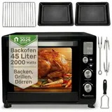 TurboTronic by Z-Line Minibackofen 45 L mit Umluft Drehspieß 2000W 2x Backblech Gitter Kompakt Elektro, Mini Tisch Backofen Camping Pizzaofen Digital schwarz