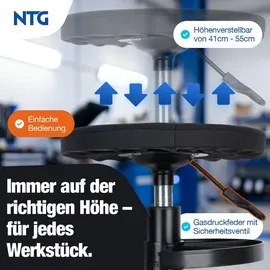 NTG Rollhocker Höhenverstellbar bis 55 cm – Werkstatthocker bis 100 kg mit 5 Rollen & Ablageschale – Drehhocker Werkstatt