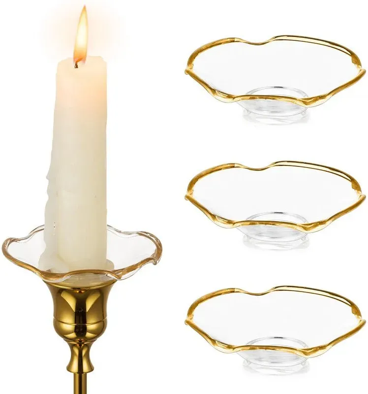 Glas Bobeches für Kerzenständer, 3 Stück Kerzen-Schutzringe für Stumpenkerzen, Kerzen-Tropfensammler für Kerzenstumpen-Kerzenhalter für Hochzeit Party Kirche Zuhause (Krebsfuss, Goldrand)