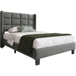 Merax Polsterbett Einzelbett 90x200 aus Leinen & Holz & Metall mit Lattenrost & Kopfteil für Schlafzimmer Grau