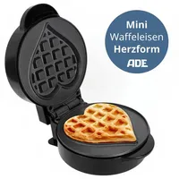 ADE Waffeleisen Mini Herzform oder runde Form für klassische belgische Waffeln, 550,00 W, kleiner Waffelmaker mit Antihaftbeschichtung, Geburtstag, Valentinstag schwarz