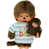 Sekiguchi Monchhichi Junge, Plüschtier Papa mit Kind, Super Dad, ca. 20 cm großes Kuscheltier aus braunem Plüsch, Braun