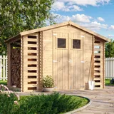 TIMBELA Gartenhaus Holz mit 2 Brennholzregalen M391+M391G 5,47 m2 mit Boden
