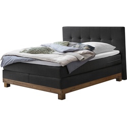 Boxspringbett HASENA "Finca", schwarz (anthrazit, wildeiche natur), B:148cm L:210cm, Komplettbetten, Boxspringbett, mit Punktstepung im Kopfteil, Unterbau in Wildeiche, Federkernmatratze