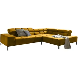 KAWOLA Ecksofa Nelson Velvet Recamiere rechts mit motorischem Sitzvorzug curry