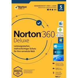 NortonLifeLock Norton 360 Deluxe 2026 Vollversion 5 Geräte 1 Jahr DE Win Android iOS