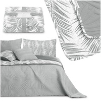 AmeliaHome Tagesdecke Bettüberwurf 170x210 cm zweiseitig pflegeleicht Steppung Pflanzenmuster Grau Weiß Tropical Bonaire