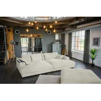 KAWOLA Big Sofa MADELINE Cord cremeweiß mit Hocker / 4 Zierkissen / Armlehntablett schwarz