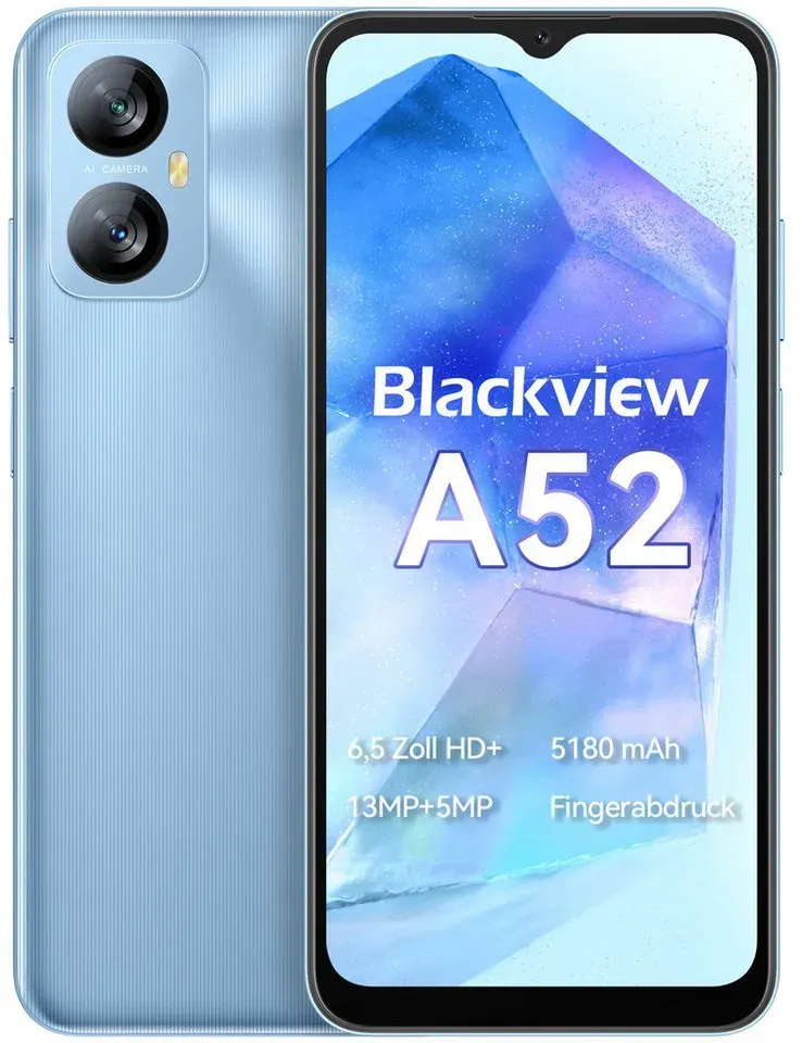 blackview A52 Smartphone (6,5 Zoll, 32 GB Speicherplatz, 13 MP Kamera, Dual SIM 4G, Face ID, Fingerabdruck) blau