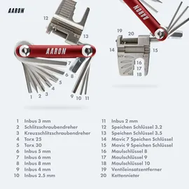 Aaron Tool 20 in 1 Multitool - Fahrrad Multifunktionswerkzeug - Rot