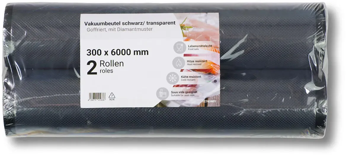 Vakuumbeutel auf der Rolle PA/PE 300 x 6000 mm goffriert schwarz/transparent 90 my, 2 Rollen