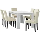 [en.casa] Esstisch weiß matt mit 6 Stühlen creme Kunstleder gepolstert 140x90 Essgruppe Esszimmer, - Weiß