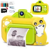 Kinderkamera Sofortbildkameras Digitalkamera,36MP 1080P Kinder Kamera mit 32GB TF Karte,2.4" Bildschirm 16x Zoom, Sofortbildkamera Kinder mit 12 Farbigen Stiften Geschenk für Kinder 3-12 Jahre-Green