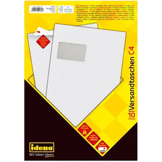 IDENA Versandtaschen DIN C4, 10 Stück haftklebend, Briefumschläge mit Fenster, aus 90 g/m2 FSC-Mix Papier in Weiß