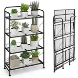 Pflanzenständer Metall, 4-stufiges Pflanzenregal Mit Klappbarer Ablage & Verstellbaren Füßen, Blumenregal Pflanzentreppe Für Balkon, Terrasse - Goplus