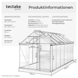 Tectake tectake® Gewächshaus mit Fundament, 11,13 m3, UV-beständig und wärmedämmend, 185 x 375 x 195 cm