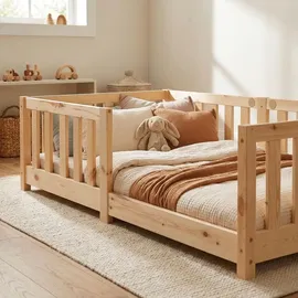 ecomi Kinderbett mit Rausfallschutz 80 x 160 cm Kiefer massiv natur