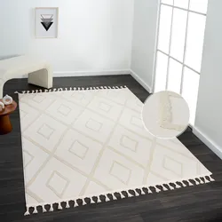 Teppich ANDAS "Otilie" Gr. 4, beige (cream), B:160cm H:11mm L:230cm, Kunstfaser, Teppiche, dichte Qualität, Woll-Look, Boho, mit Fransen und Rauten, Scandi