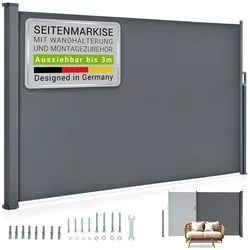 Juskys Seitenmarkise Dubai 300 x 180 cm ausziehbar blickdicht, Sichtschutz Garten, Terrasse anthrazit
