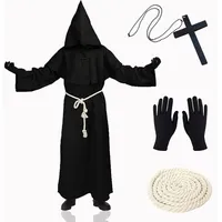 XCMVCN Mönch Robe Mittelalter Renaissance Robe, Herren Kapuze Mönch Robe Priester Kostüm, mit Kreuz-Halskette, Handschuhe und Kordel,Halloween, Karneval und Rollenspiel Kostüme(Schwarz,XXL)