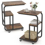 KOMFOTTEU Beistelltisch (2-St), Laptoptisch C-Form Industrie-Design, mit Rollen braun