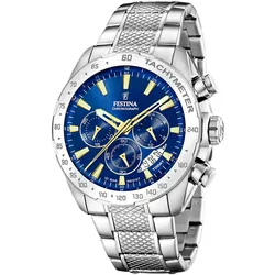 Chronograph FESTINA "Timeless Chronograph", silber (silberfarben, blau), Armbanduhren, Herren, Armbanduhr, Quarzuhr, Herrenuhr, Stoppfunktion, Edelstahlarmband