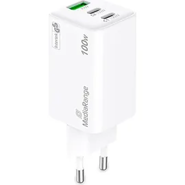 MediaRange 100W GaN Schnellladeadapter (EU-Stecker), 2x USB-C und 1x USB-A, unterstützt USB-C® Power Delivery und Quick Weiß