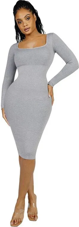 Feelingirl Nahtloses Shaper-Kleid mit quadratischem Ausschnitt und langen Ärmeln XS/S Grau